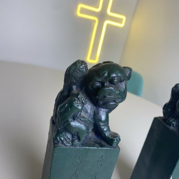 Vintage Pair Foo Dog Guardian Lion Dragon Figurines Statues 7.25” Dark Green - Picture 2 of 8